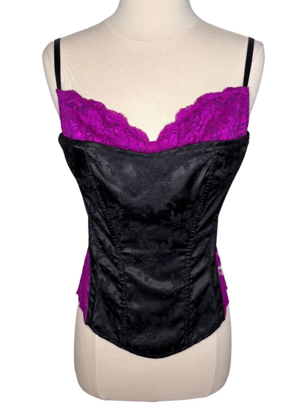 Frederick's of Hollywood Black Jacquard Purple Built in Bra Lace Corset Size 34